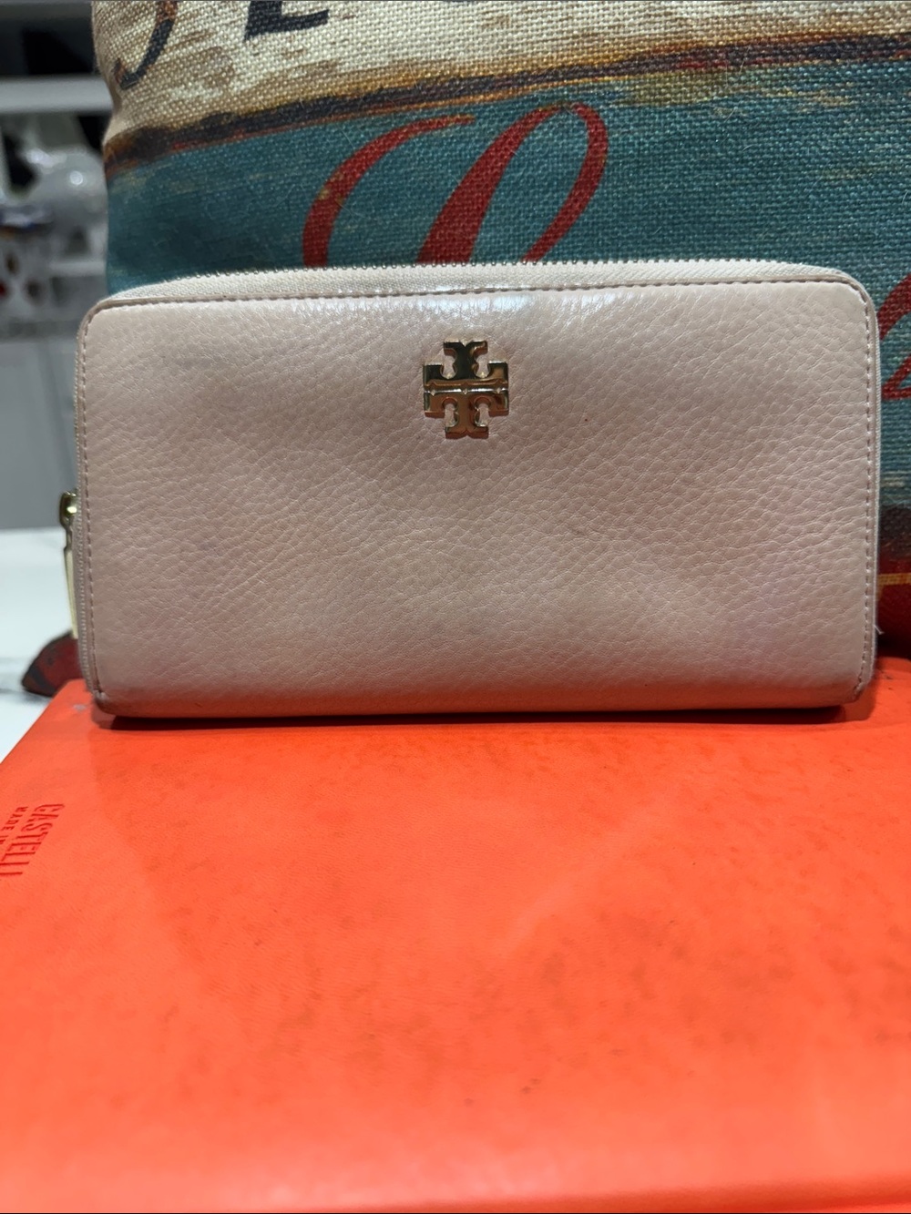 Tory Burch Light Pink Pebbled Zip Wallet with Gold Logo